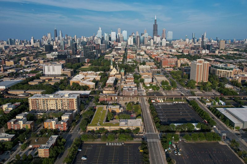 A drone picture shows the Chicago skyline in Chicago, Illinois, U.S. August 14, 2024. REUTERS/Vincent Alban