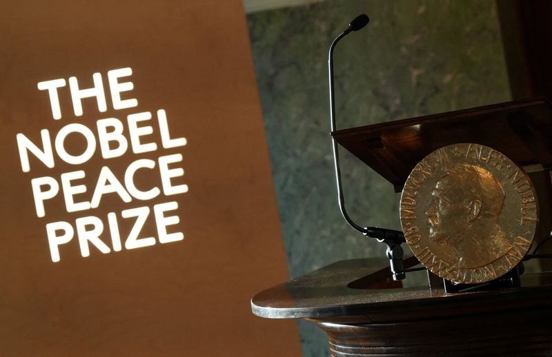 A replica of the Nobel Peace Medal is placed at the Norwegian Nobel Institute, where the laureate of the Nobel Peace Prize is announced, in Oslo, Norway, October 10, 2025. REUTERS/Tom Little