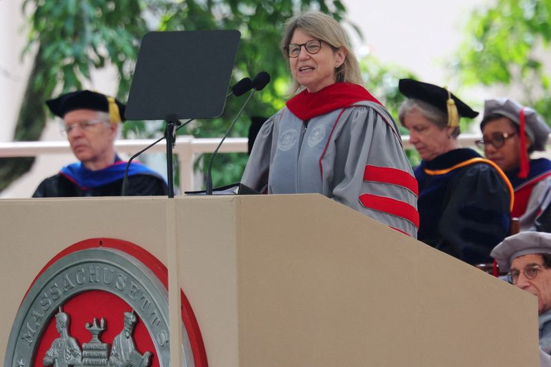 FILE PHOTO: MIT President Sally Kornbluth speaks during Commencement ceremonies at the Massachusetts Institute of Technology in Cambridge, Massachusetts, U.S., May 30, 2024.  REUTERS/Brian Snyder/File Photo