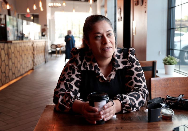 Yemeni American Samra’a Luqman talks with Reuters during an interview in a Yemeni coffee house in Dearborn, Michigan, U.S. September 20, 2025.   REUTERS/Rebecca Cook