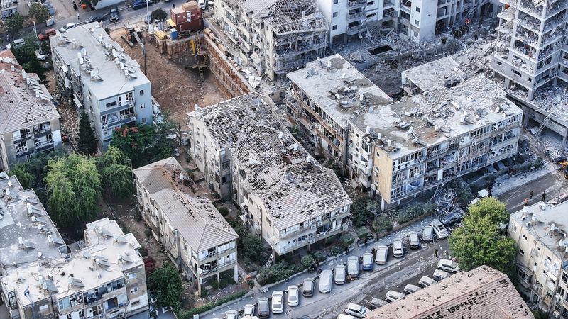 A drone view shows the damage over residential homes at the impact site following missile attack from Iran on Israel, in Bat Yam, Israel June 15, 2025. REUTERS/Chen Kalifa