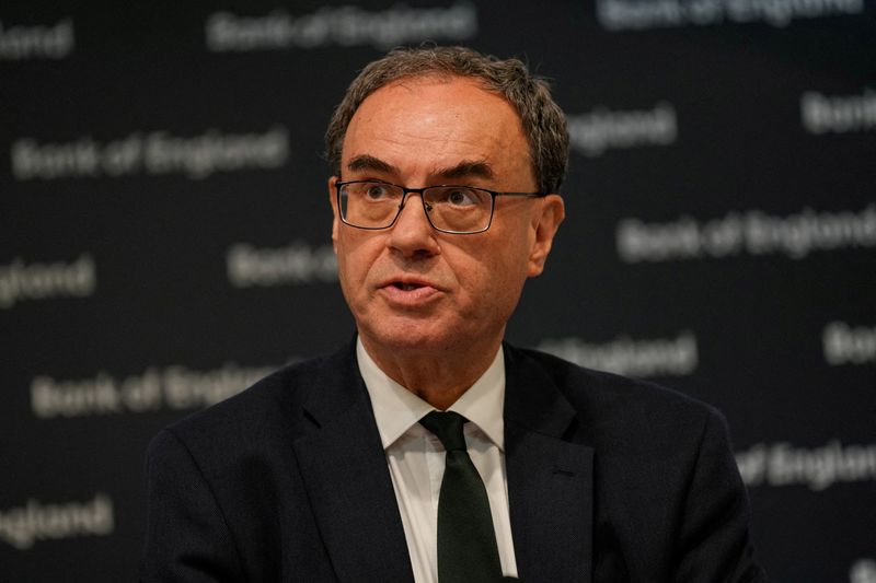FILE PHOTO: Bank of England Governor Andrew Bailey speaks during the Monetary Policy Report press conference in London, Britain, May 8, 2025. REUTERS/Carlos Jasso/Pool/File Photo