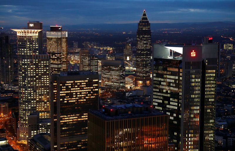 FILE PHOTO: The financial district is photographed on early evening in Frankfurt, Germany, January 29, 2019.  REUTERS/Kai Pfaffenbach/File Photo