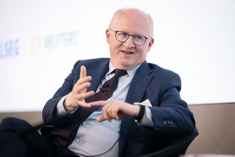 Philip R. Lane Chief Economist, European Central Bank talks to Balazs Koranyi, Chief Correspondent, Reuters (not pictured) at the London Stock Exchange, London, Britain, June 17, 2024. REUTERS/Anna Gordon/File Photo