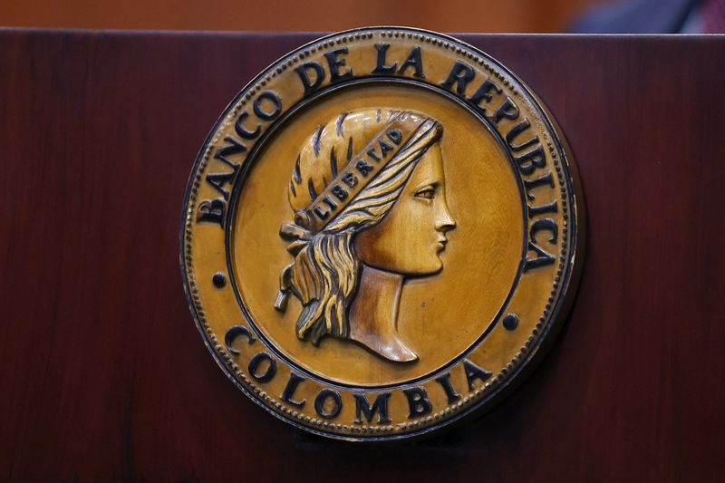 The logo of the Central Bank of Colombia is seen inside its facilities during a press conference at the Central Bank of Colombia in Bogota, Colombia, January 31, 2025. REUTERS/Luisa Gonzalez/File Photo