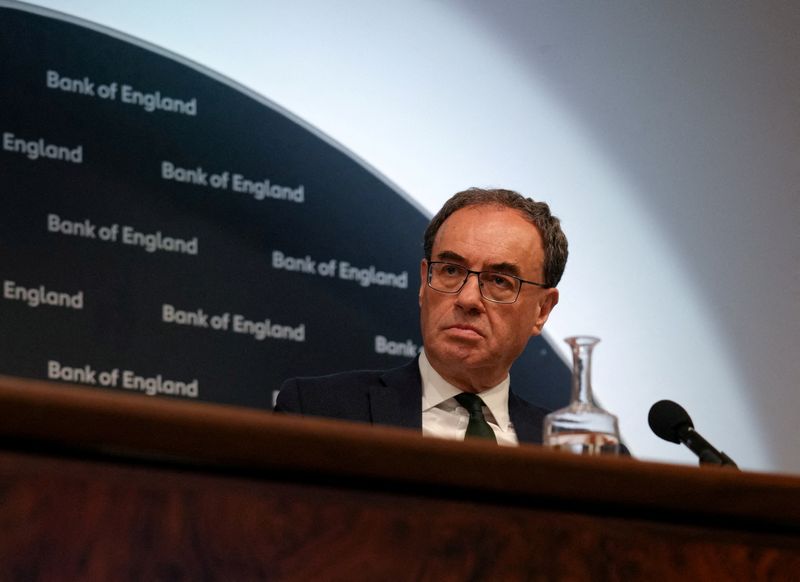 FILE PHOTO: Bank of England Governor Andrew Bailey looks on during the Monetary Policy Report press conference in London, Britain, May 8, 2025. REUTERS/Carlos Jasso/Pool/File Photo