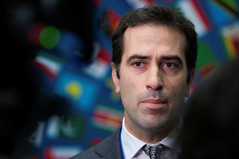 FILE PHOTO: Spanish Minister of Economy, Trade, and Enterprise Carlos Cuerpo participates in a media interview at the International Monetary Fund (IMF) and the World Bank Group 2024 Fall Meeting in Washington, U.S., October 23, 2024. REUTERS/Kaylee Greenlee Beal/File Photo