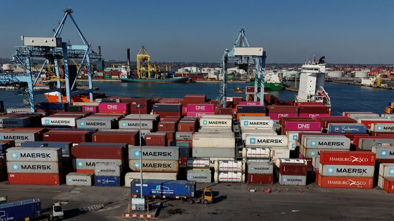 A drone view shows shipping containers and lorries at Dublin Port, in Dublin, Ireland April 2, 2025. REUTERS/Clodagh Kilcoyne