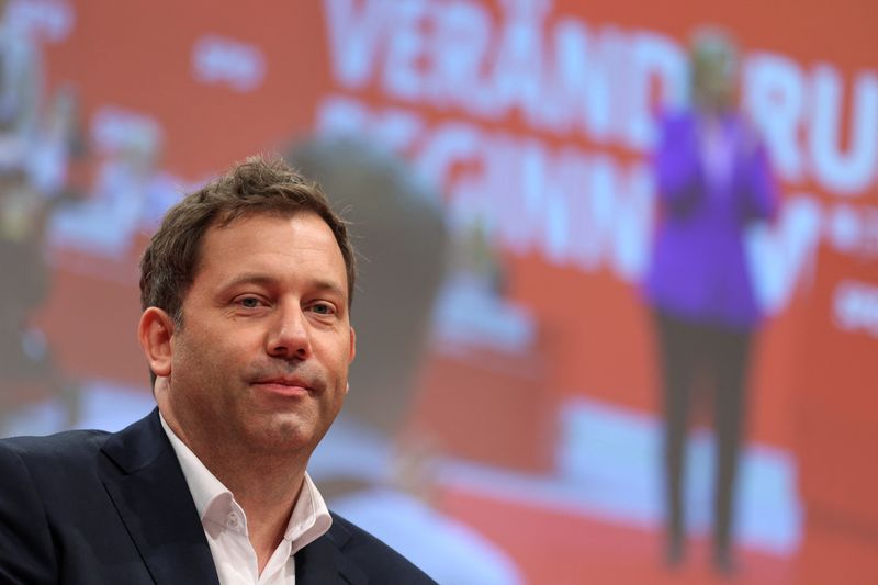 FILE PHOTO: German Finance Minister Lars Klingbeil looks on from the stage after he was elected as the party's co-chair during a three-day Social Democratic Party (SPD) convention in Berlin, Germany June 27, 2025. REUTERS/Christian Mang/File Photo