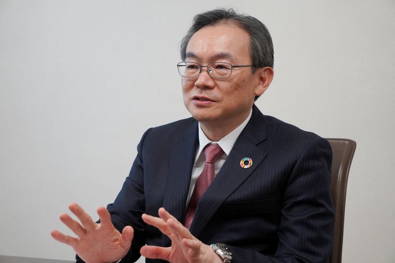 FILE PHOTO: Japanese Bankers Association Chairperson Junichi Hanzawa (President & CEO, MUFG Bank) attends an interview in Tokyo, Japan March 25, 2025. REUTERS/Miho Uranaka/File Photo