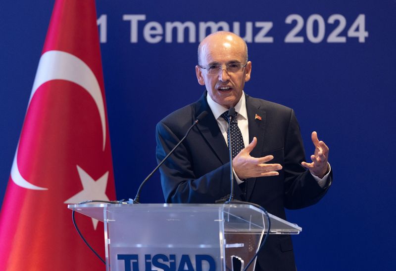 Turkey's Finance Minister Mehmet Simsek speaks during a meeting of Turkish Industry and Business Association (TUSIAD) in Istanbul, Turkey, July 11, 2024. REUTERS/Murad Sezer/File Photo