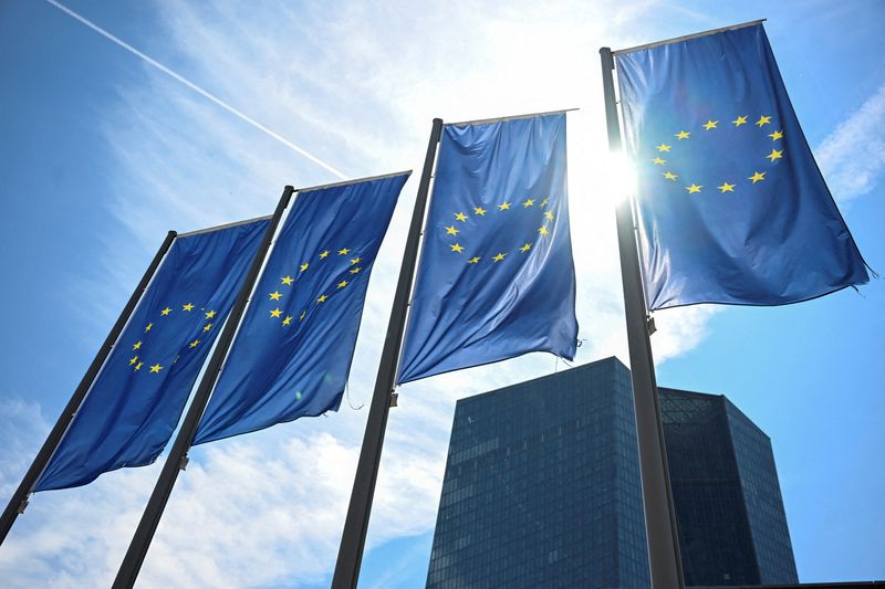 FILE PHOTO: EU flags flutter in front of European Central Bank (ECB) headquarters in Frankfurt, Germany July 18, 2024. REUTERS/Jana Rodenbusch/ File Photo