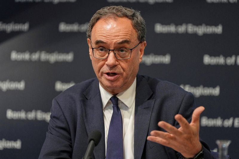 FILE PHOTO: Bank of England Governor, Andrew Bailey gestures as he speaks at the Bank of England Stability Report, in London, Wednesday, July 9, 2025. Alastair Grant/Pool via REUTERS/File Photo