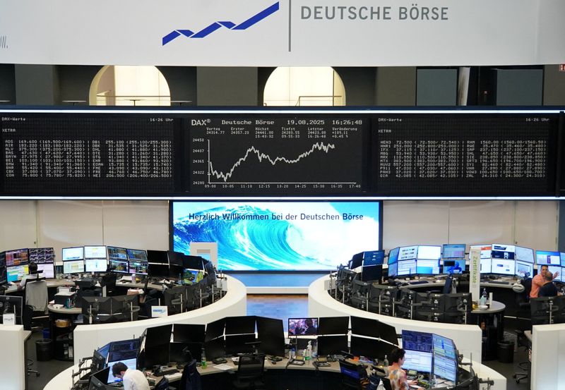 FILE PHOTO: The German share price index DAX graph is pictured at the stock exchange in Frankfurt, Germany, August 19, 2025.   REUTERS/staff/File Photo