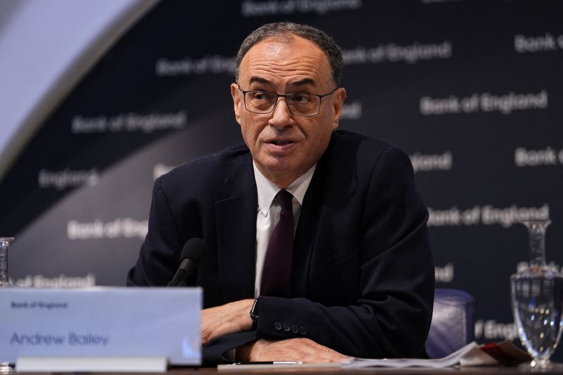 FILE PHOTO: Governor of the Bank of England, Andrew Bailey looks on during the Bank of England financial stability report press conference at the Bank of England, in London, Britain August 7, 2025. Jordan Pettitt/Pool via REUTERS/File Photo