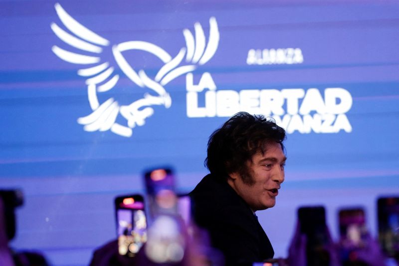 Argentina's President Javier Milei reacts after the La Libertad Avanza party won the midterm election, which is seen as crucial for Milei's administration after U.S. President Donald Trump warned that future support for Argentina would depend on Milei's party performing well in the vote, in Buenos Aires, Argentina, October 26, 2025. REUTERS/Cristina Sille