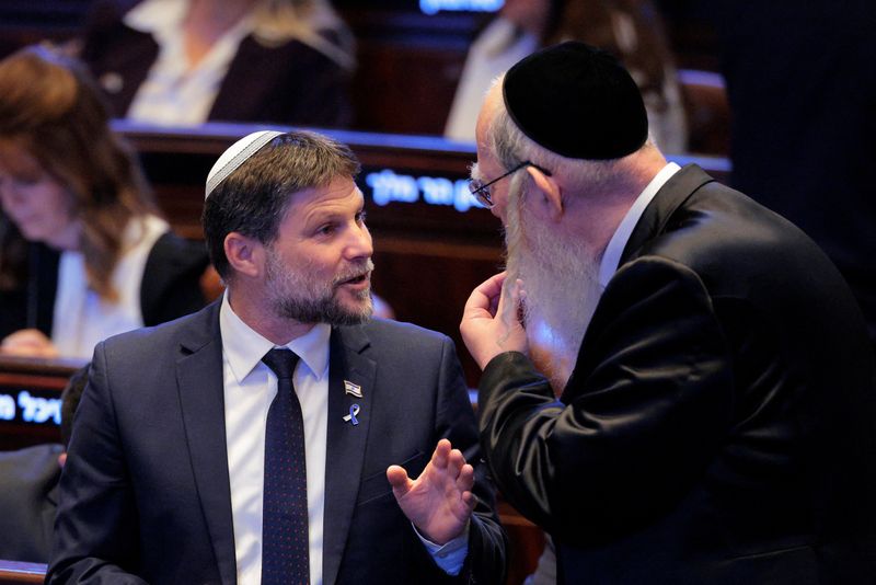 JERUSALEM - OCTOBER 13: Israeli politician Bezalel Smotrich is seen before President Donald Trump speaks to the Knesset, Israel's parliament, on October 13, 2025 in Jerusalem, on October 13, 2025 in Jerusalem.    Chip Somodevilla/Pool via REUTERS