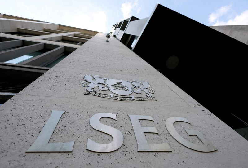 FILE PHOTO: Signage is seen outside the LSEG (London Stock Exchange Group) headquarters in Paternoster Square, London, Britain, April 25, 2025. REUTERS/Toby Melville//File Photo