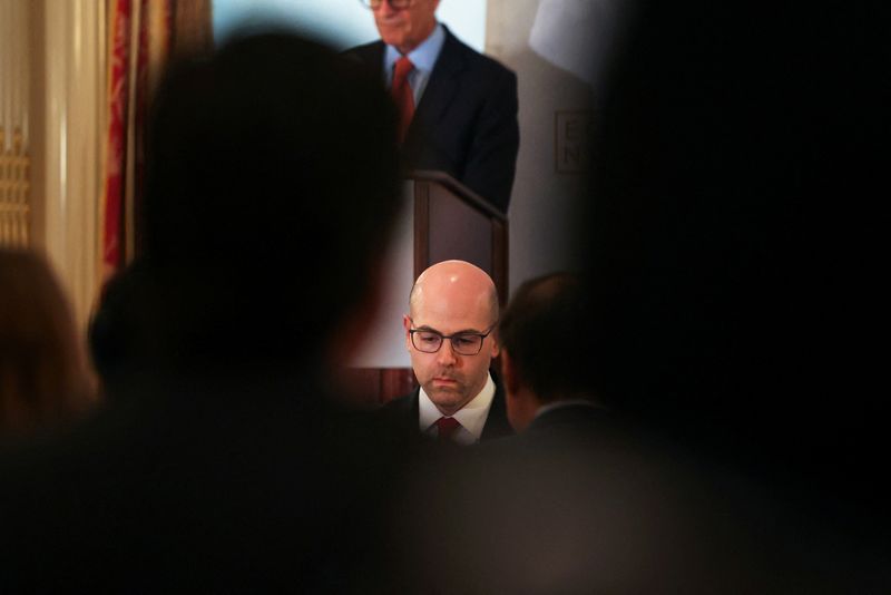 FILE PHOTO: Newly appointed Federal Reserve Governor Stephen Miran sits before speaking at The Economic Club of New York in New York City, U.S., September 22, 2025. REUTERS/Shannon Stapleton/File Photo