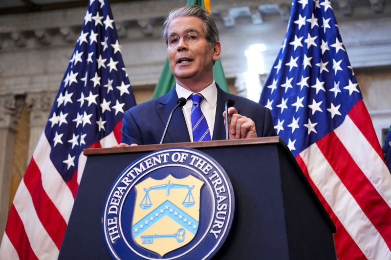 U.S. Treasury Secretary Scott Bessent speaks as he and U.S. Trade Representative Jamieson Greer hold a press conference on the sidelines of the IMF/World Bank annual meetings in Washington, D.C., U.S., October 15, 2025. REUTERS/Ken Cedeno