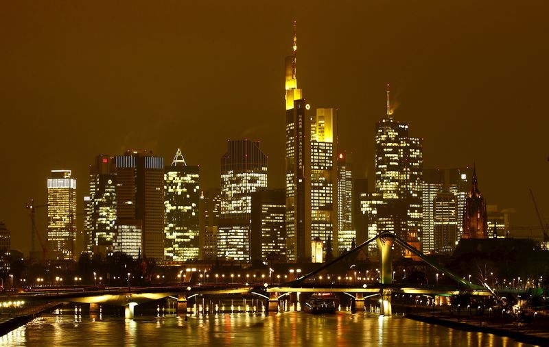 The famous skyline with its banking district is pictured in early evening next to the Main River in Frankfurt, Germany, January 19, 2016.    REUTERS/Kai Pfaffenbach