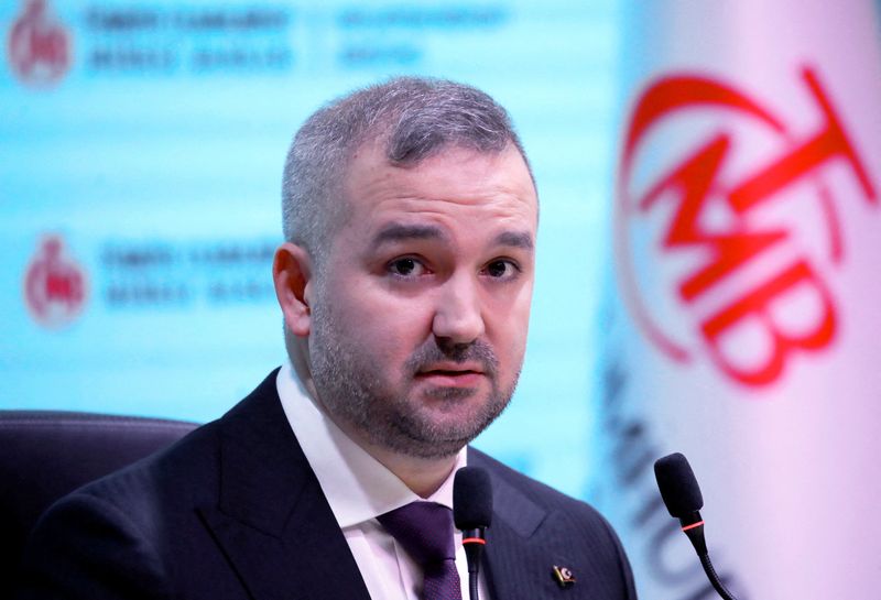 FILE PHOTO: Turkish Central Bank Governor Fatih Karahan speaks during a press conference in Istanbul, Turkey, February 7, 2025. REUTERS/Dilara Senkaya/File Photo