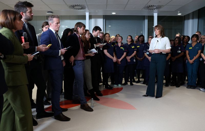Britain's Chancellor of the Exchequer Rachel Reeves takes a question from Sky News journalist Beth Rigby, after speaking to nurses and members of the media during a visit to University College London Hospital in London, Britain, November 26, 2025.   Adrian Dennis/Pool via REUTERS