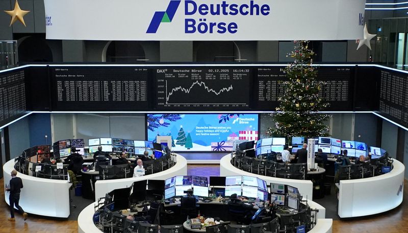 A graph of the German share price index DAX is displayed at the stock exchange in Frankfurt, Germany, December 2, 2025. REUTERS/Staff