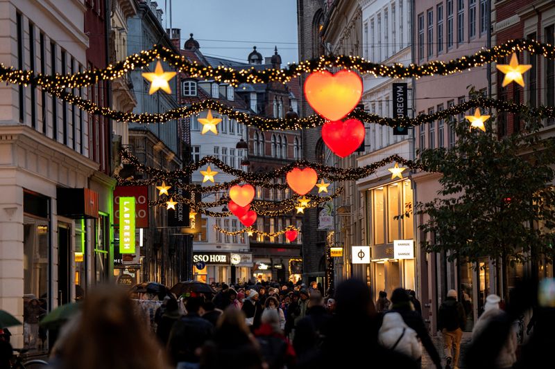 FILE PHOTO: Christmas decorations and lights on the main shopping street, one month before Christmas Eve, in Copenhagen, Denmark, November 24, 2025. Ritzau Scanpix/Sebastian Elias Uth via REUTERS/File Photo