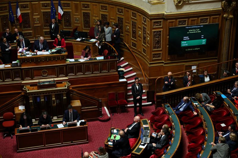 A screen shows the result of the vote by senators on a draft budget bill for 2026 (PLF 2026) at the French Senate in Paris, France, December 15, 2025. REUTERS/Sarah Meyssonnier