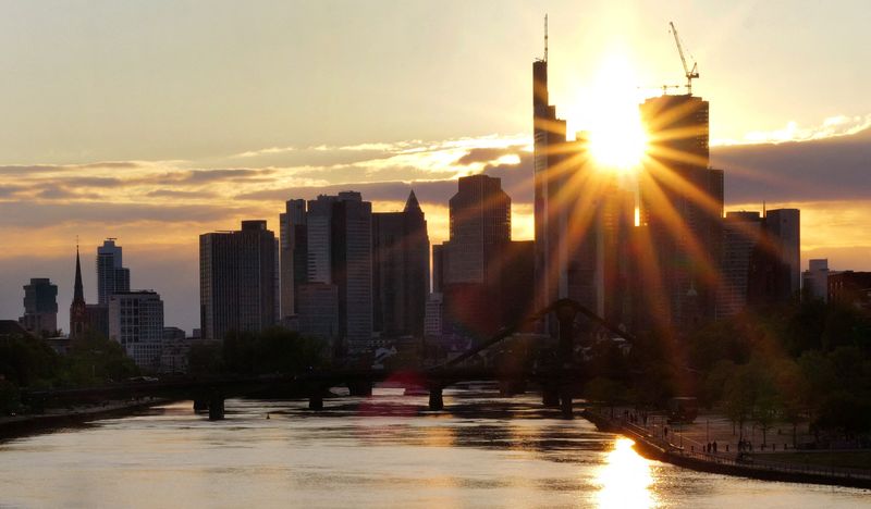 The skyline of the banking district is seen during sunset in Frankfurt, Germany, April 21, 2024.  REUTERS/Kai Pfaffenbach