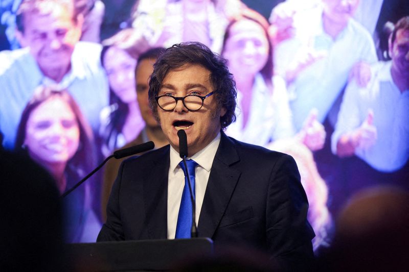 FILE PHOTO: Argentina's President Javier Milei speaks after the La Libertad Avanza party won the midterm election, in Buenos Aires, Argentina, October 26, 2025. REUTERS/Cristina Sille/File Photo