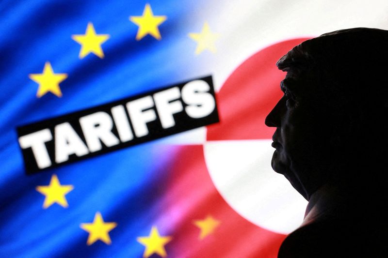 FILE PHOTO: A 3D‑printed miniature model of U.S. President Donald Trump, EU and Greenland flags, and the word "Tariffs" appear in this illustration taken January 17, 2026. REUTERS/Dado Ruvic/Illustration/File Photo