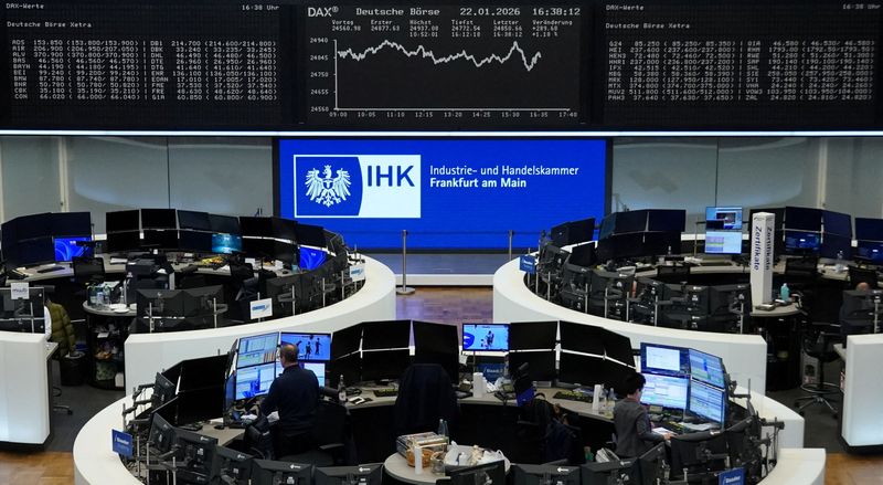 The German share price index DAX graph is pictured at the stock exchange in Frankfurt, Germany, January 22, 2026. REUTERS/staff