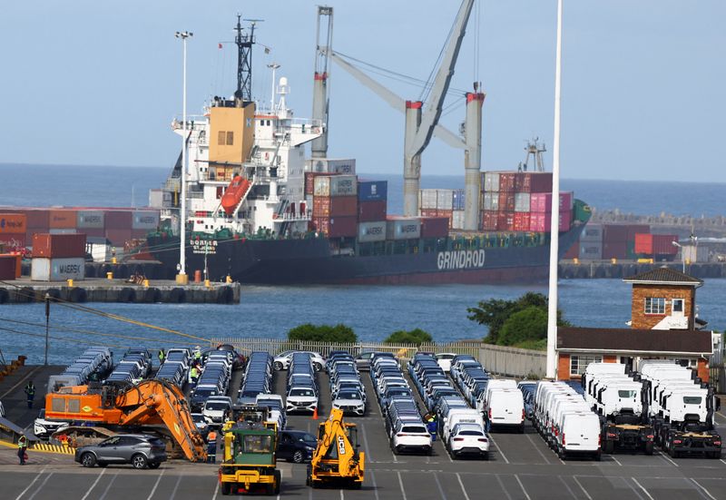 Workers inspect cars newly manufactured from a nearby plant before being loaded on a cargo ship at a port, in East London, in the Eastern Cape province, South Africa, March 19, 2023. REUTERS/Siphiwe Sibeko
