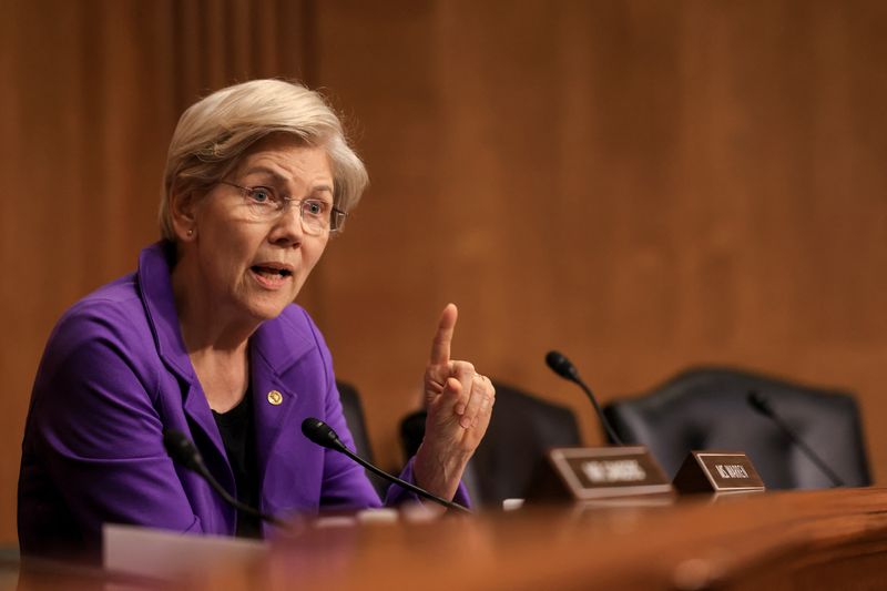 U.S. Senator Elizabeth Warren speaks before a Senate Finance Committee hearing at Capitol Hill in Washington, D.C., U.S., April 8, 2025. REUTERS/Kevin Mohatt