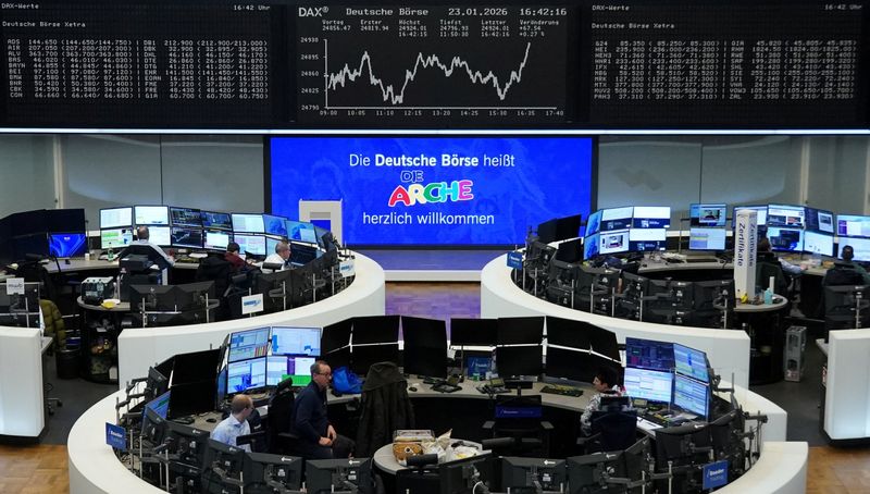 FILE PHOTO: The German share price index DAX graph is pictured at the stock exchange in Frankfurt, Germany, January 23, 2026.    REUTERS/staff/File Photo