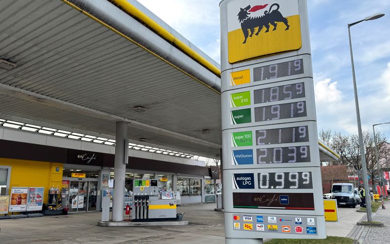 A display board shows the current prices of fuel at a gas station in Munich, Germany, March 3, 2026. REUTERS/Ayhan Uyanik