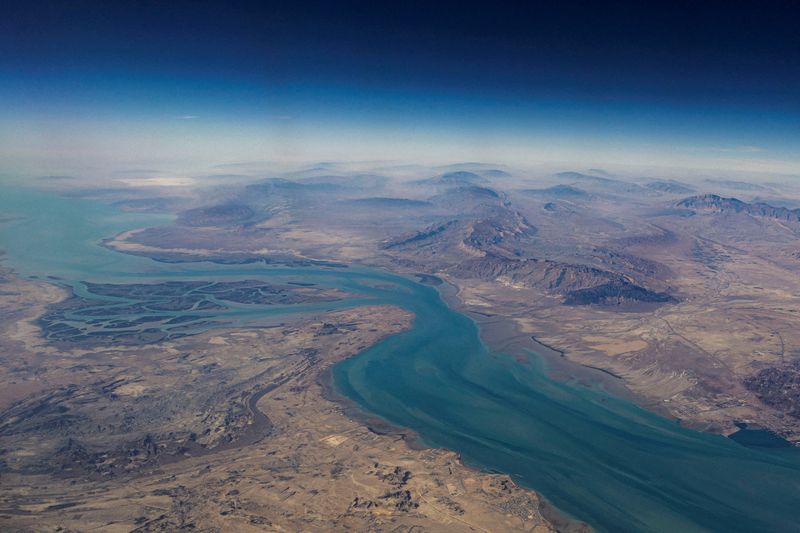 FILE PHOTO: An aerial view of the island of Qeshm, separated from the Iranian mainland by the Clarence Strait, in the Strait of Hormuz, December 10, 2023. REUTERS/Stringer/File Photo