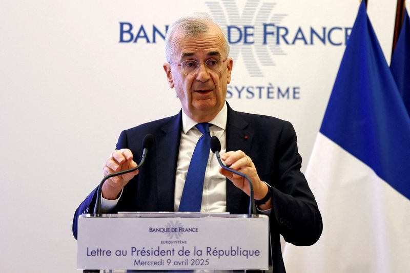 FILE PHOTO: Francois Villeroy de Galhau, Governor of Banque de France, speaking in Paris, France, April 9, 2025.  REUTERS/Abdul Saboor/File Photo
