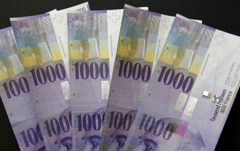 FILE PHOTO: Swiss 1,000-franc notes are seen in this picture illustration taken February 16, 2016. REUTERS/Ruben Sprich/Illustration/File Photo