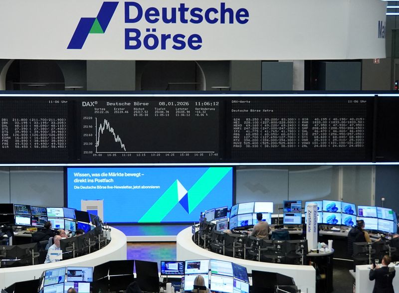 German share price index DAX graph is pictured at the stock exchange in Frankfurt, Germany, January 8, 2026.   REUTERS/staff
