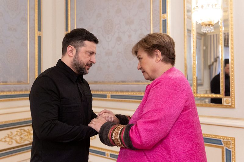 FILE PHOTO: Ukraine's President Volodymyr Zelenskiy welcomes International Monetary Fund (IMF) Managing Director Kristalina Georgieva before their meeting, amid Russia's attack on Ukraine, in Kyiv, Ukraine January 15, 2026. Ukrainian Presidential Press Service/Handout via REUTERS/File Photo