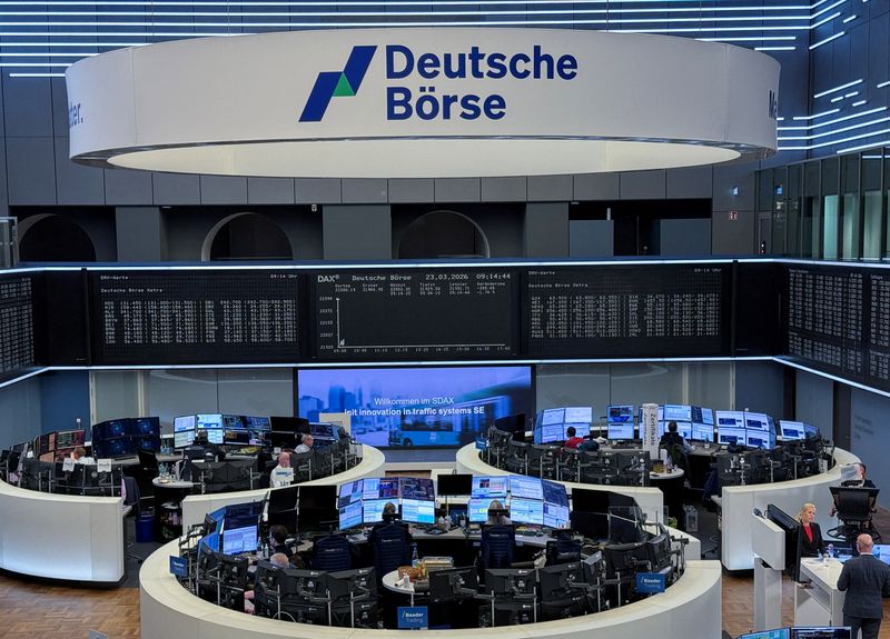 FILE PHOTO: The German share price index DAX graph is pictured at the stock exchange in Frankfurt, Germany, March 23, 2026. Picture taken with a smartphone.   REUTERS/Tilman Blasshofer/File Photo