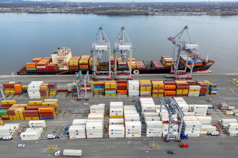FILE PHOTO: A drone view shows shipping containers at the Port of Montreal in Montreal, Quebec, Canada April 14, 2025. REUTERS/Carlos Osorio/File Photo
