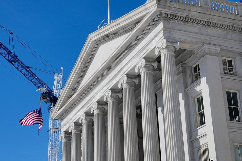 FILE PHOTO: A general view of the Treasury Building in Washington, D.C., U.S., February 1, 2026. REUTERS/Ken Cedeno/File Photo
