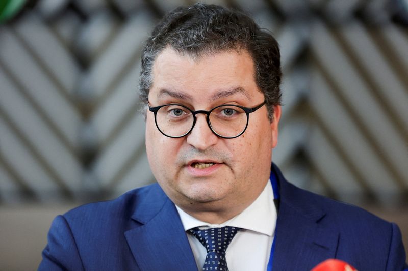 FILE PHOTO: Portuguese Minister of State and of Finance Joaquim Miranda Sarmento takes part in the Eurozone finance ministers' meeting in Brussels, Belgium, November 12, 2025. REUTERS/Yves Herman/File Photo