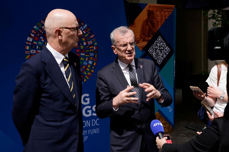 Francois Villeroy de Galhau, Governor of Banque de France, speaks to the media next to French Minister for Economy, Finance, and Industrial, Energy and Digital Sovereignty Roland Lescure at the IMF/World Bank 2026 Spring Meetings in Washington, D.C., U.S., April 16, 2026. REUTERS/Elizabeth Frantz