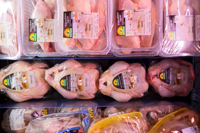 Poultry products are pictured in a German supermarket in Duesseldorf, Germany, October 29, 2025. REUTERS/Jana Rodenbusch