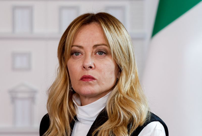 Italy's Prime Minister Giorgia Meloni looks on during a joint statement with Kenya's President William Ruto (not pictured) at Chigi Palace, in Rome, Italy, April 20, 2026. REUTERS/Remo Casilli